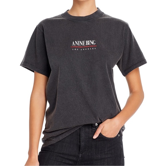 Anine Bing Charcoal Tee with Logo - Picture 2 of 11